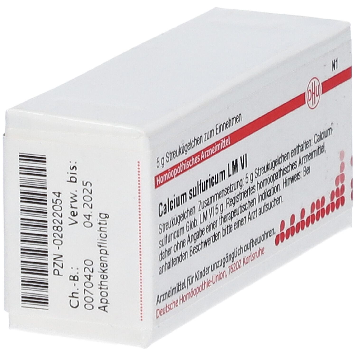 Weiße Schachtel mit roter Schrift. Enthält DHU Calcium sulfuricum LM VI. Aufdrucke: PZN, Verfallsdatum, Apothekenpflichtig.