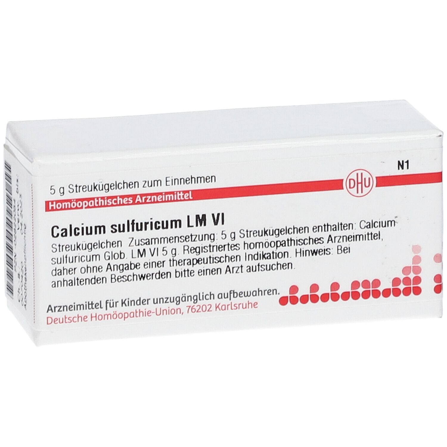 Weiße Schachtel mit roter Schrift. Enthält DHU Calcium sulfuricum LM VI. Text: Streukügelchen, homöopathisches Arzneimittel.
