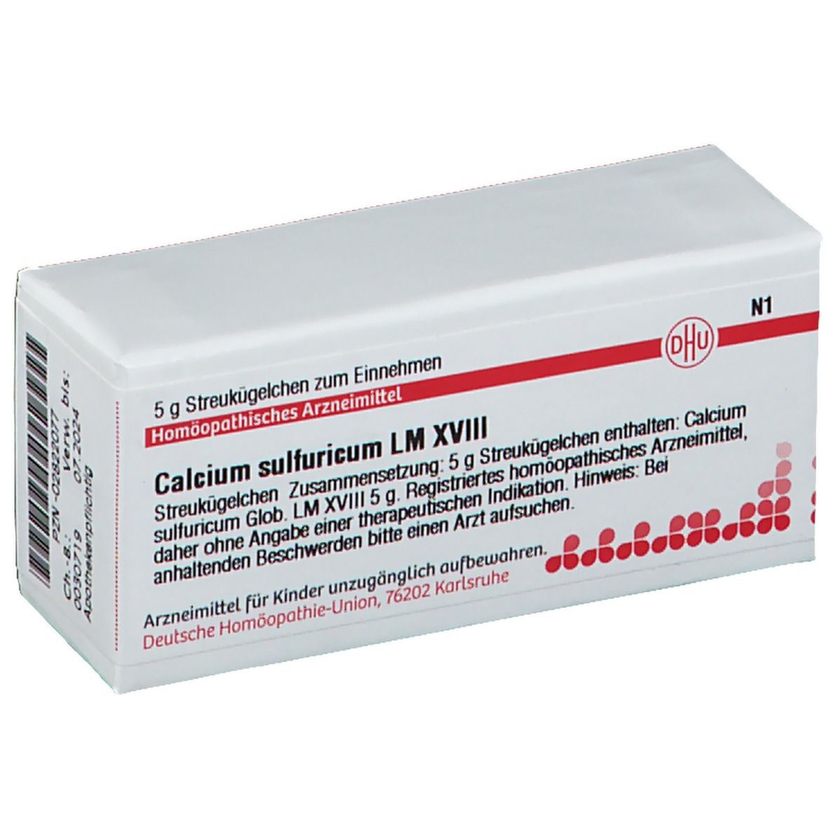 Weiße Schachtel mit Produktinformationen. Aufschrift: Calcium sulfuricum LM XVIII, DHU Logo. N1.