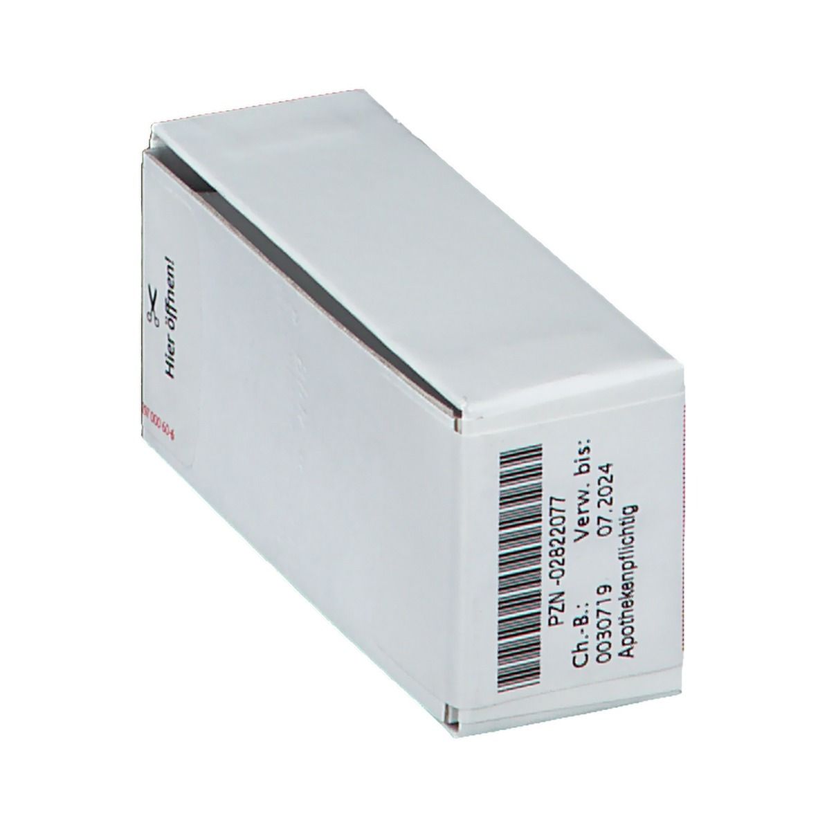 Weiße Schachtel mit Barcode und Verfallsdatum. Aufschrift: PZN, Ch.-B., Apothekenpflichtig.