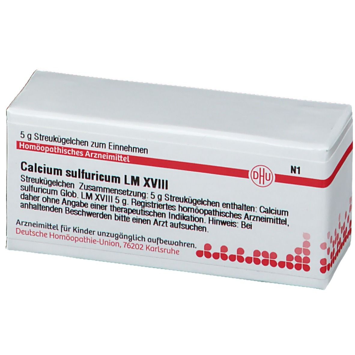 Weiße Schachtel mit Produktinformationen. Aufschrift: Calcium sulfuricum LM XVIII, DHU Logo. N1.