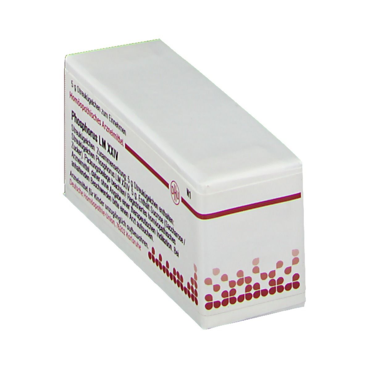 Schräg gestellte weiße Arzneimittelverpackung mit roter Schrift und DHU-Logo. Enthält Streukügelchen Phosphorus LM XXIV.