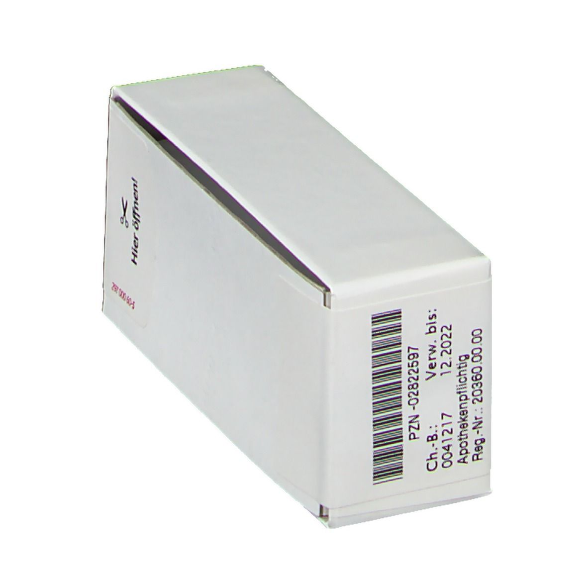 Weiße Arzneimittelverpackung mit Barcode, Verfallsdatum und Aufdruck 'Hier öffnen!'.