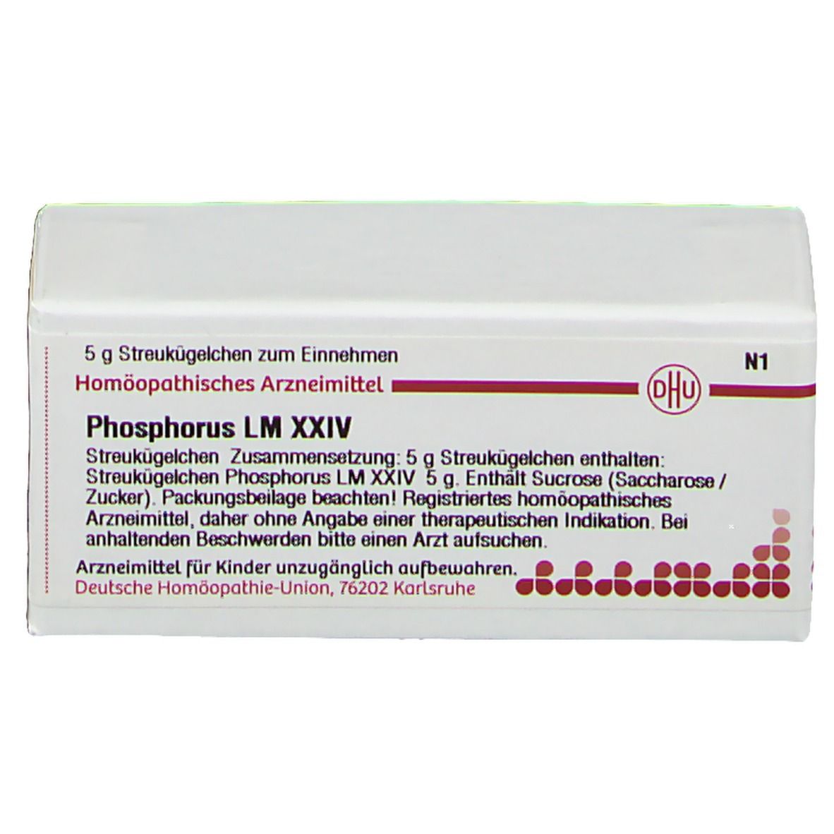 Weiße Arzneimittelverpackung mit roter Schrift und DHU-Logo. Enthält Streukügelchen Phosphorus LM XXIV.