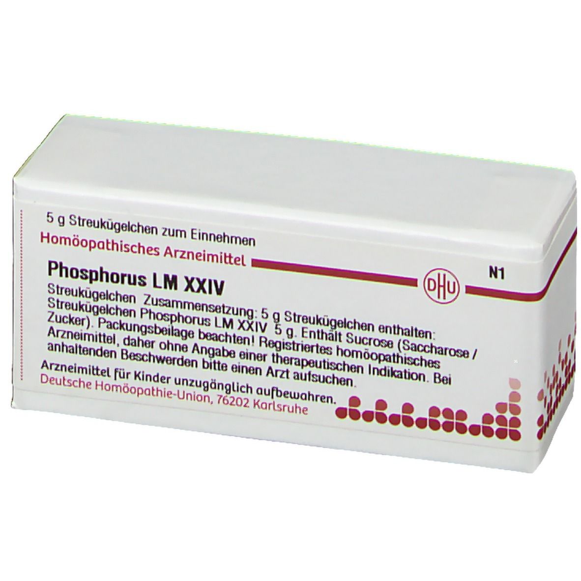 Weiße Arzneimittelverpackung mit roter Schrift und DHU-Logo. Enthält Streukügelchen Phosphorus LM XXIV.
