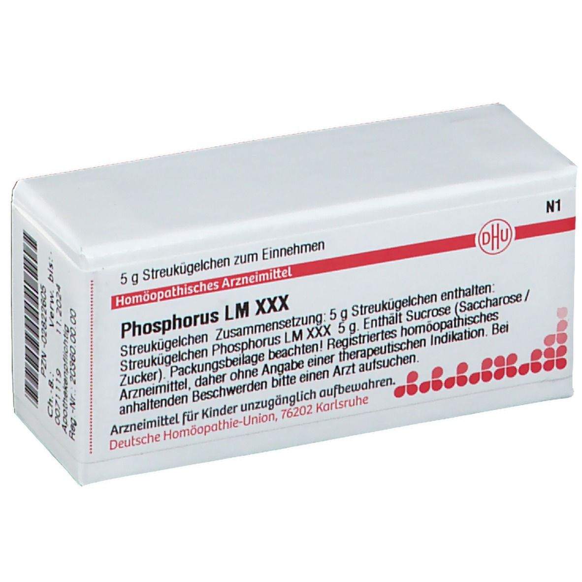 Weiße rechteckige Schachtel mit roter Schrift und DHU-Logo. Enthält Streukügelchen. Text: Phosphorus LM XXX, 5 g.