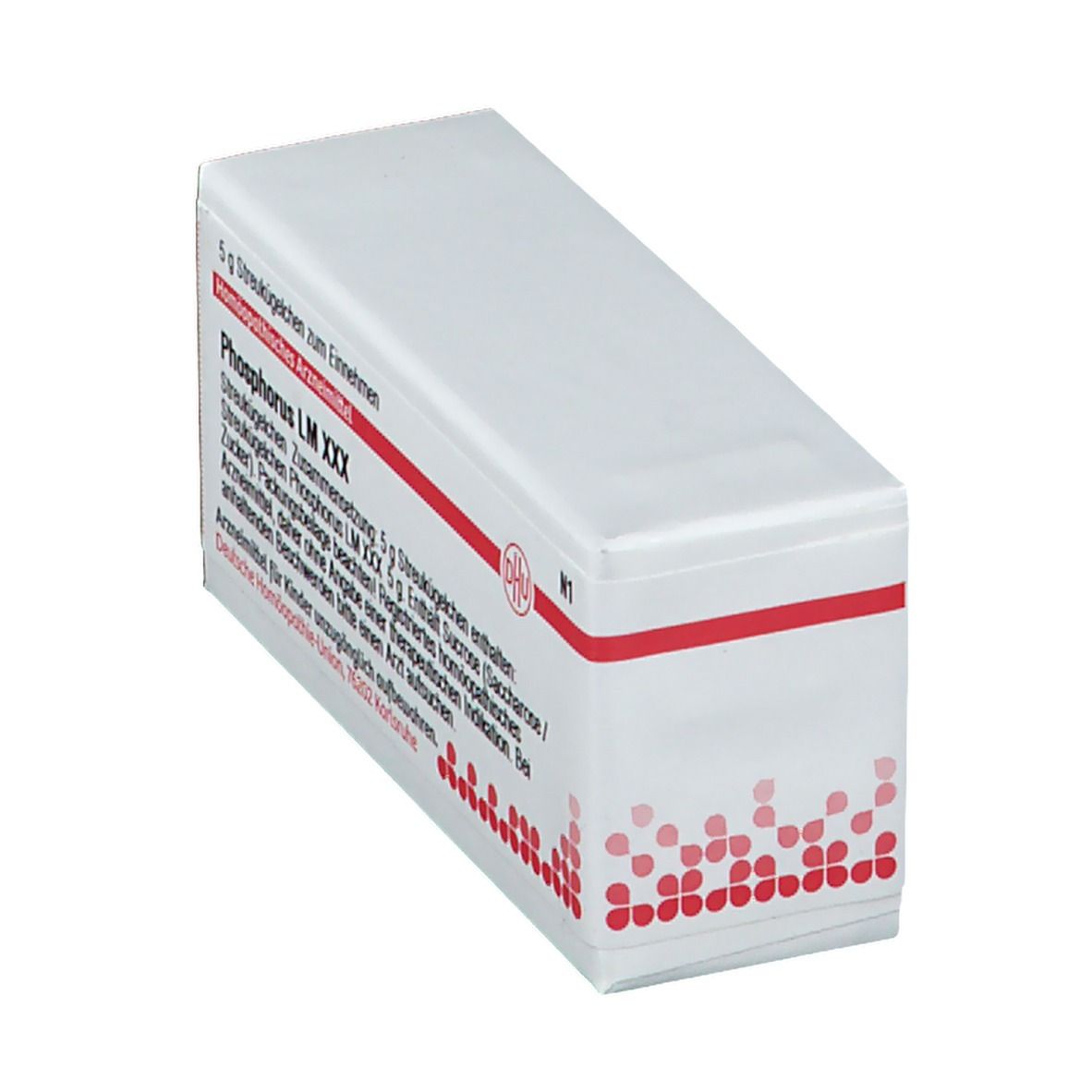 Schräg liegende weiße Schachtel mit roter Schrift und DHU-Logo. Enthält Streukügelchen. Text: Phosphorus LM XXX, 5 g.