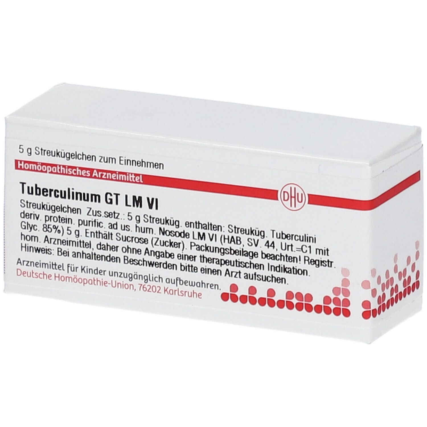 Weiße Arzneimittelverpackung mit roter Schrift und DHU-Logo. Text: Tuberculinum GT LM VI, 5 g Streukügelchen.