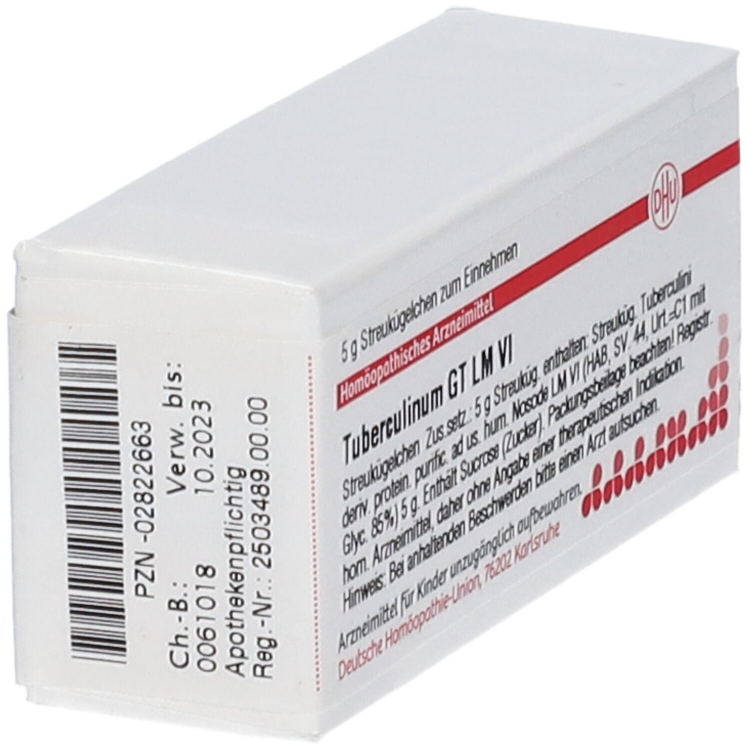 Seitenansicht der weißen Arzneimittelverpackung. Text: Tuberculinum GT LM VI, PZN-02822663, Verwendbar bis 10.2023.