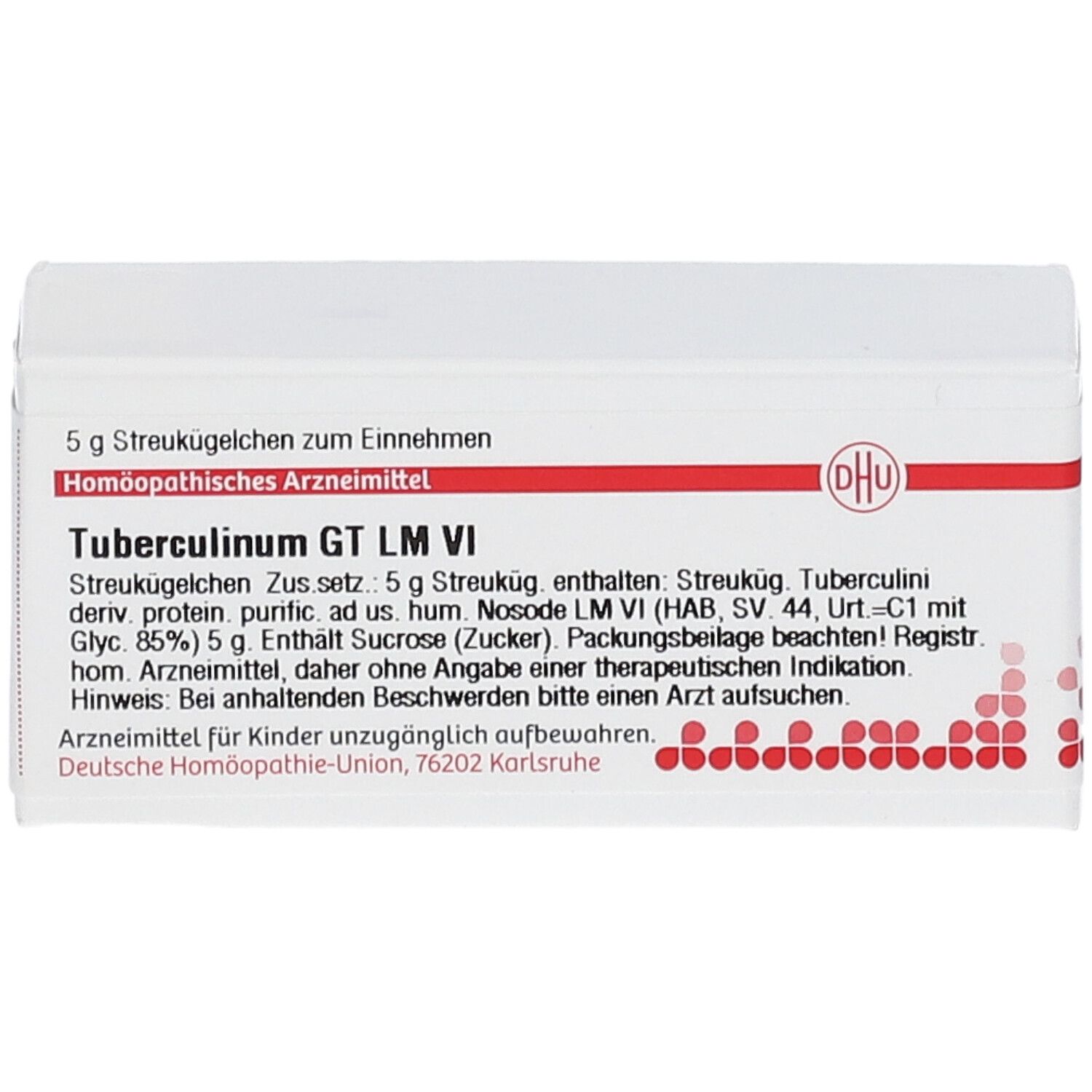 Weiße Arzneimittelverpackung mit roter Schrift und DHU-Logo. Text: Tuberculinum GT LM VI, 5 g Streukügelchen.