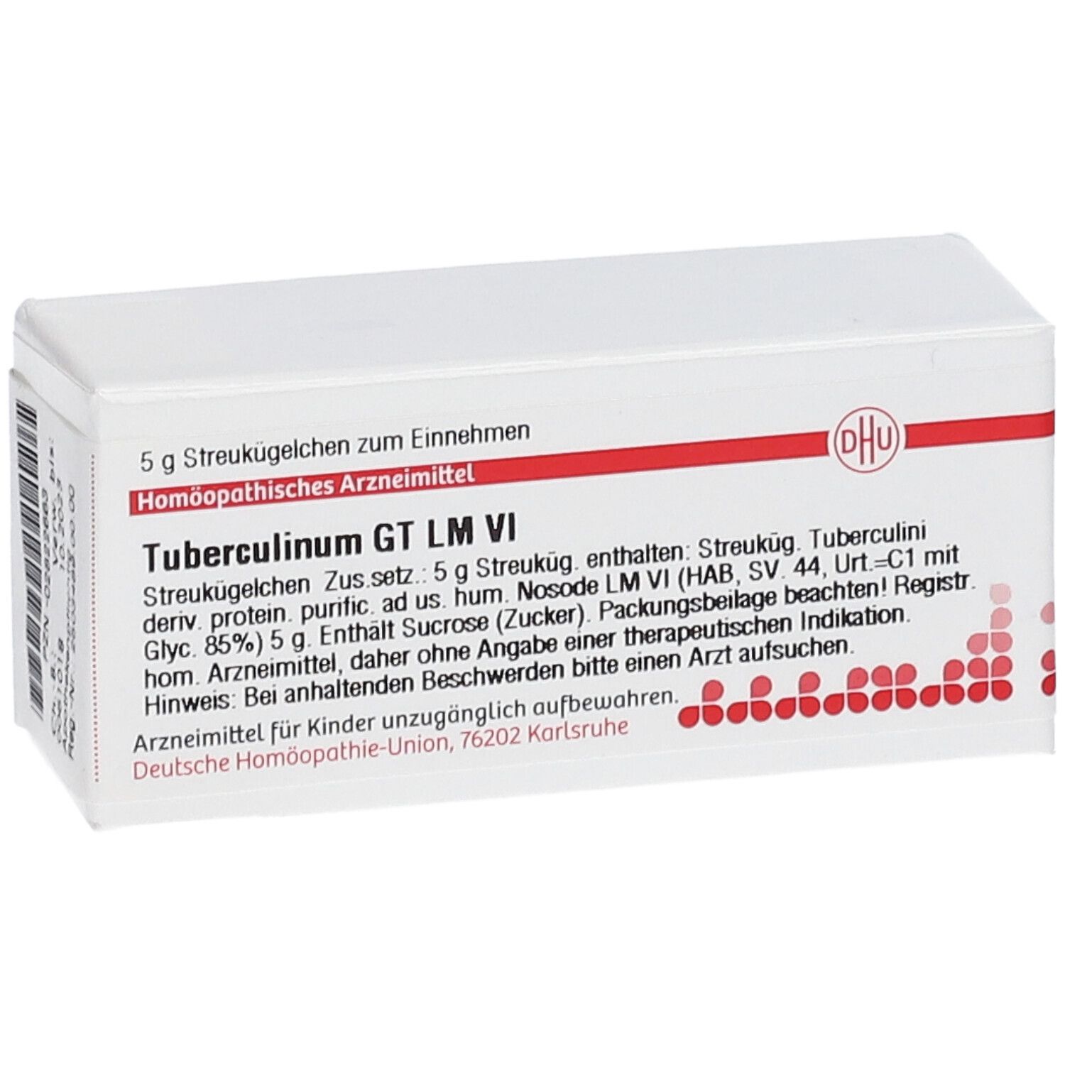Weiße Arzneimittelverpackung mit roter Schrift und DHU-Logo. Text: Tuberculinum GT LM VI, 5 g Streukügelchen.
