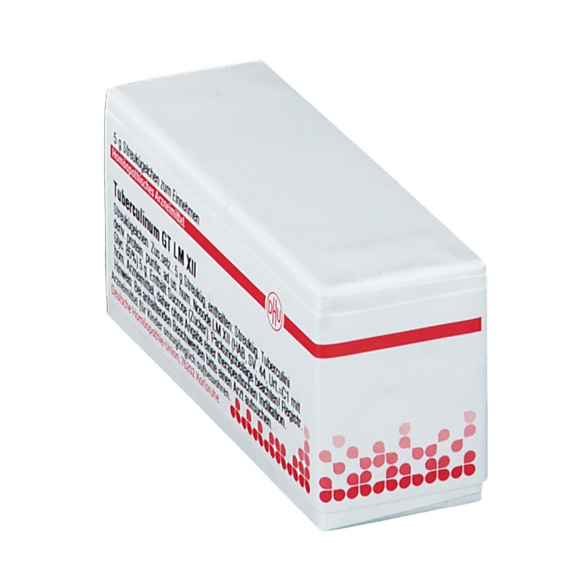 Weiße Schachtel mit rotem Streifen und DHU-Logo. Beschriftung: Tuberculinum GT LM XII, 5 g Streukügelchen. Homöopathisches Arzneimittel.