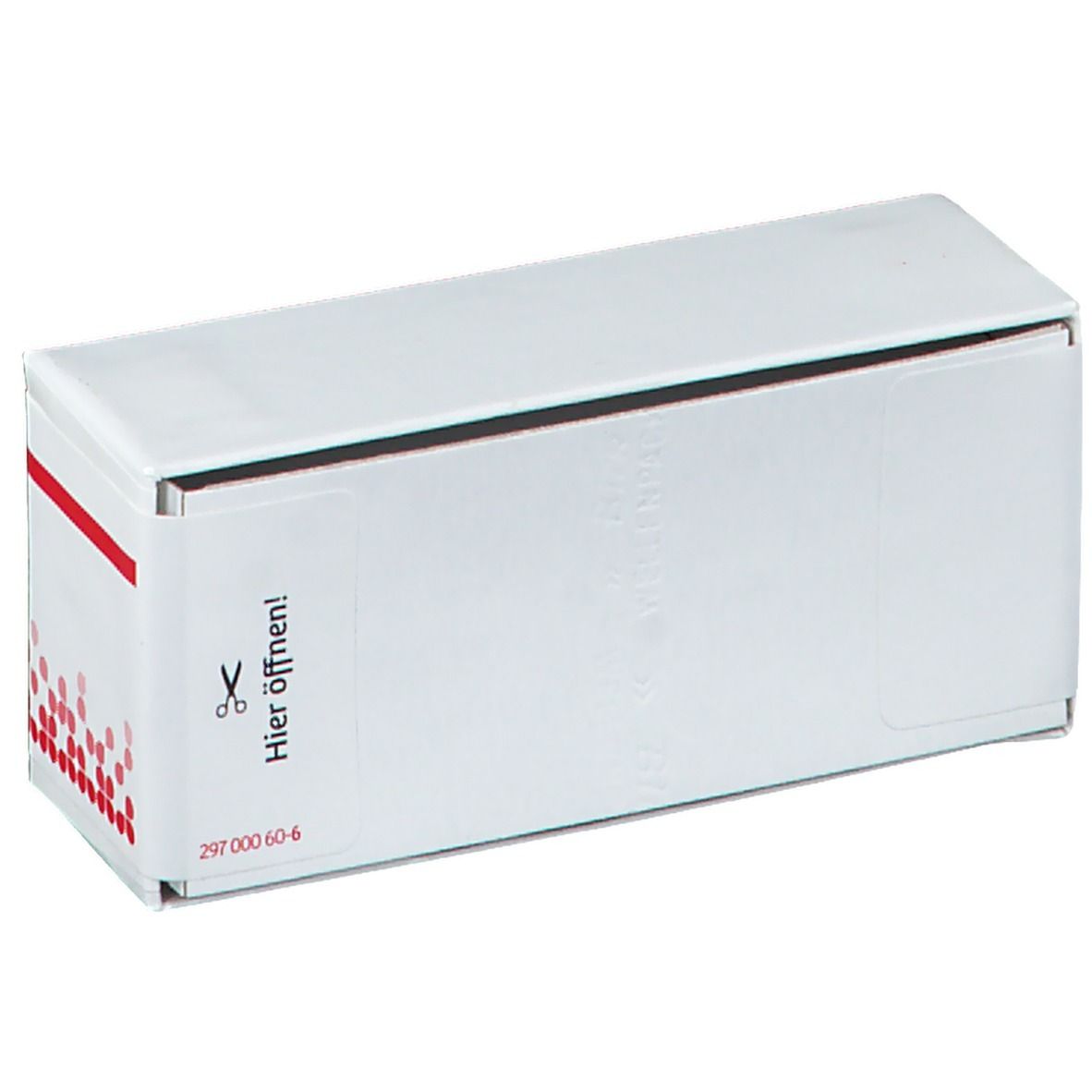 Weiße Schachtel mit roter Ecke und Aufschrift 'Hier öffnen!'. Enthält das Produkt Tuberculinum GT LM XII. Homöopathisches Arzneimittel.