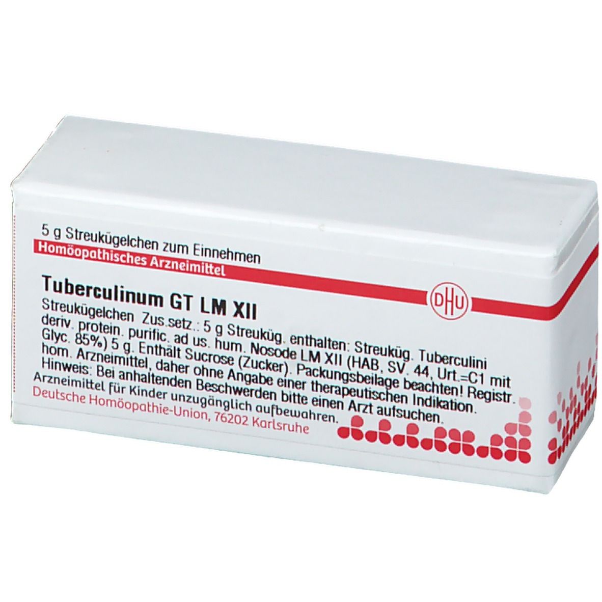 Weiße Schachtel mit roter Schrift und DHU-Logo. Beschriftung: Tuberculinum GT LM XII, 5 g Streukügelchen. Homöopathisches Arzneimittel.
