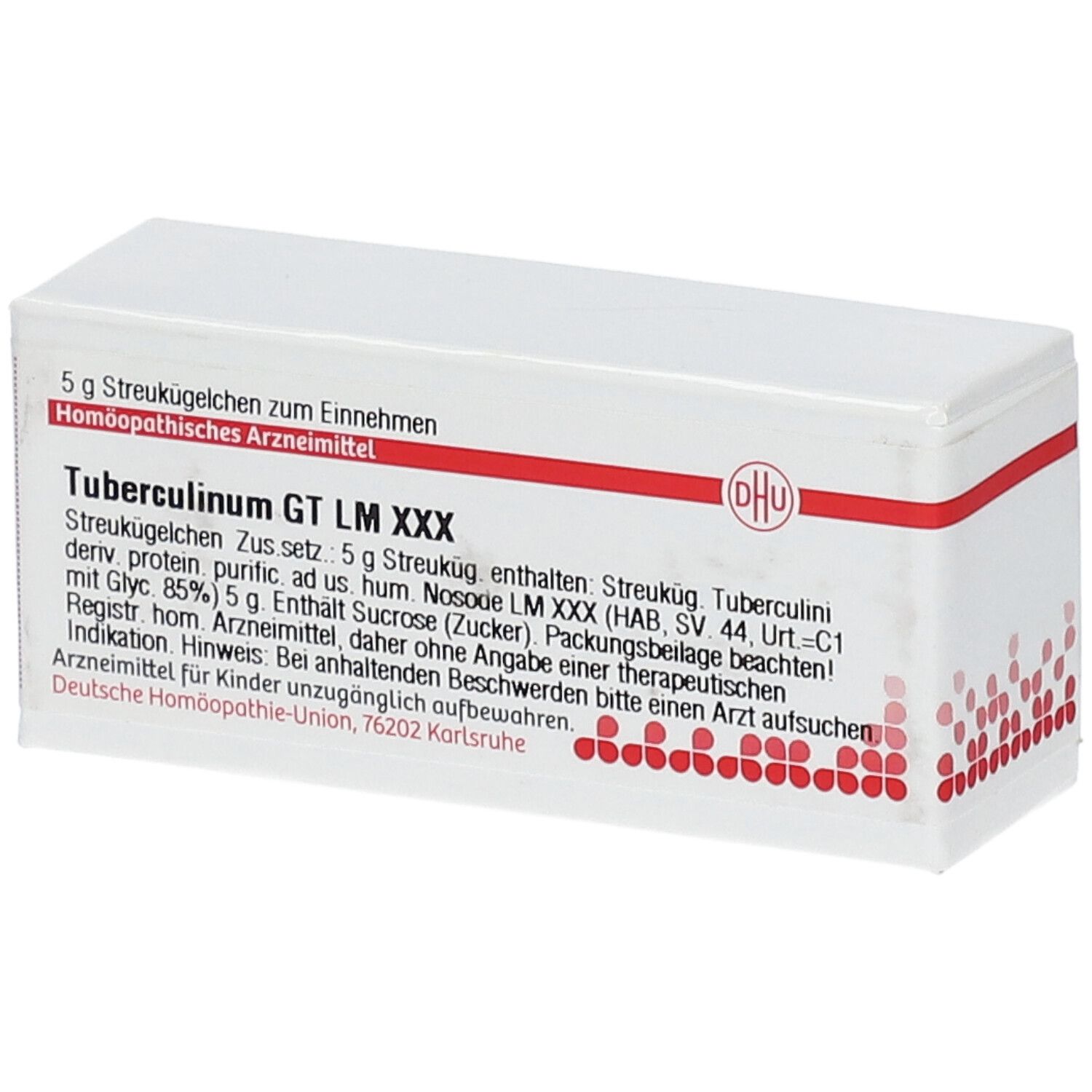 Weiße Schachtel mit roter Schrift und DHU-Logo. Aufschrift: Tuberculinum GT LM XXX, 5 g Streukügelchen.