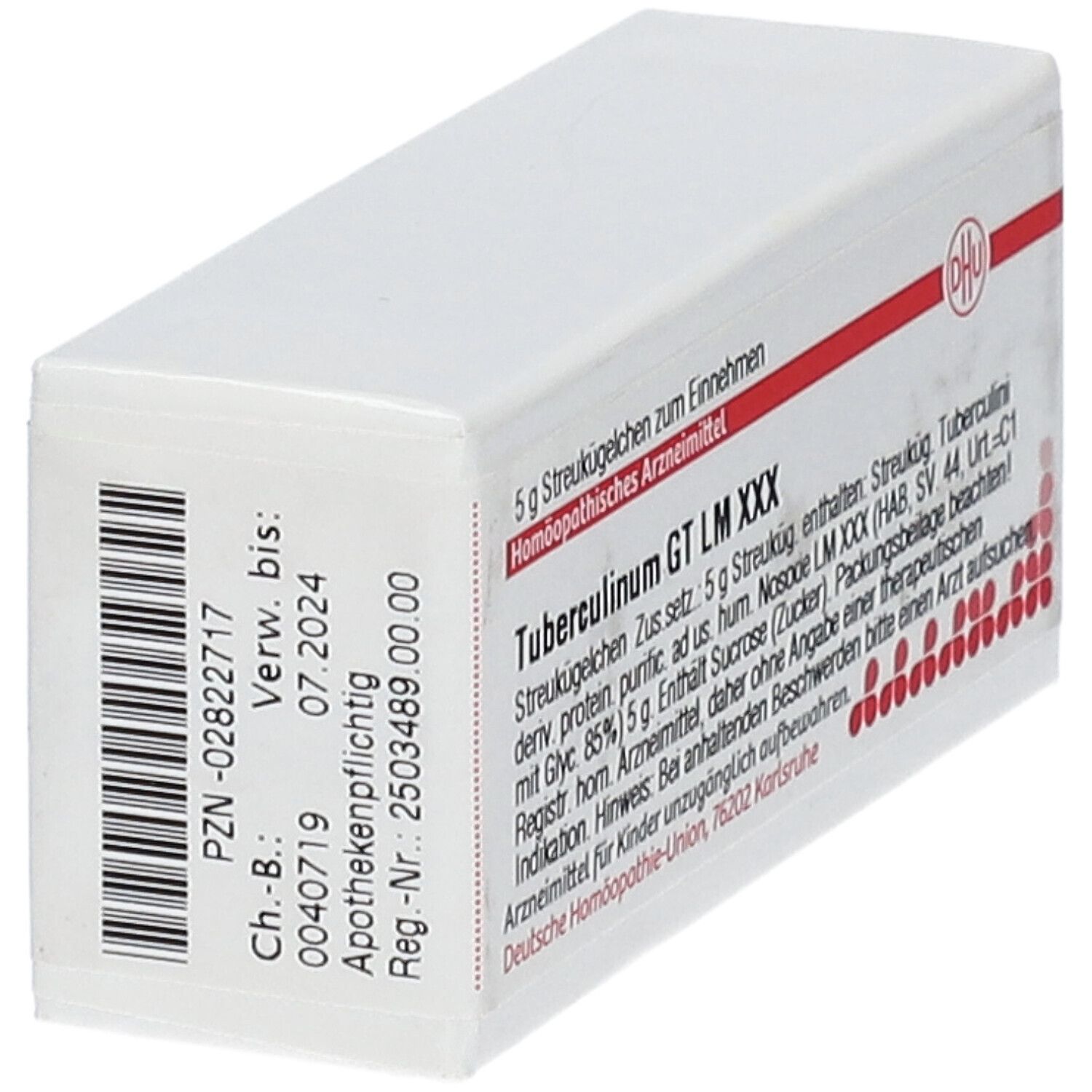 Weiße Schachtel mit roter Schrift und DHU-Logo. Aufschrift: Tuberculinum GT LM XXX, 5 g Streukügelchen. Barcode.