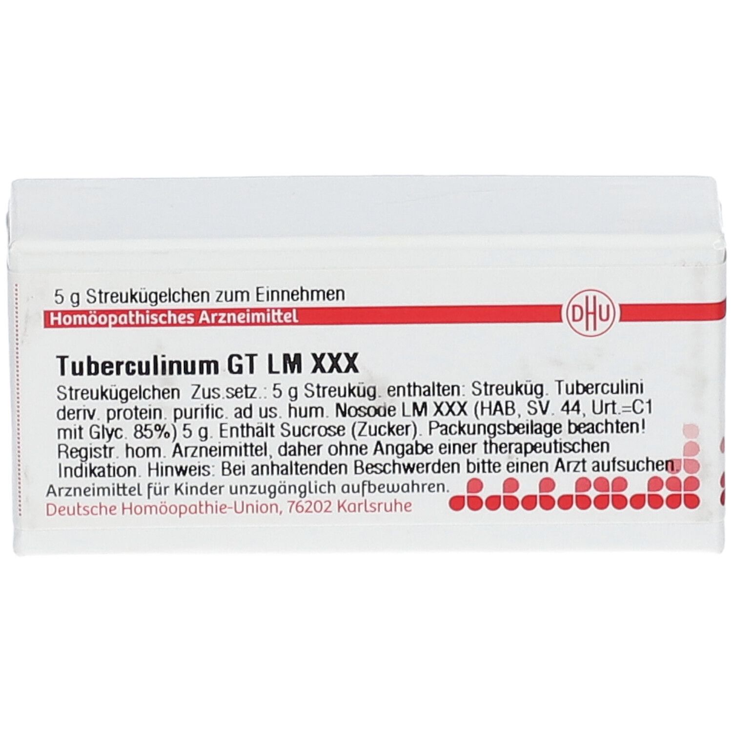 Weiße Schachtel mit roter Schrift und DHU-Logo. Aufschrift: Tuberculinum GT LM XXX, 5 g Streukügelchen.