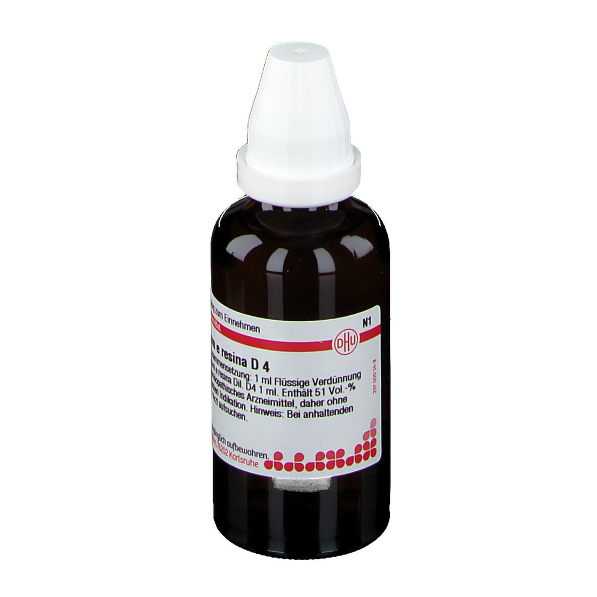 Braune Tropfflasche mit weißem Verschluss. Etikett mit Produktinformationen. DHU Acidum Benzoicum e Resina D4.
