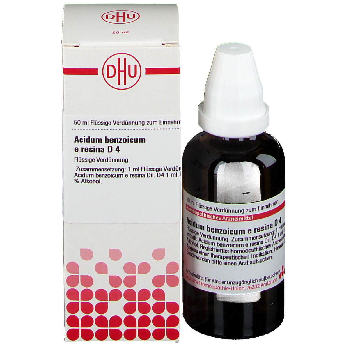 Braune Tropfflasche und Verpackung. DHU Acidum Benzoicum e Resina D4. Produktinformationen auf Etikett und Verpackung.