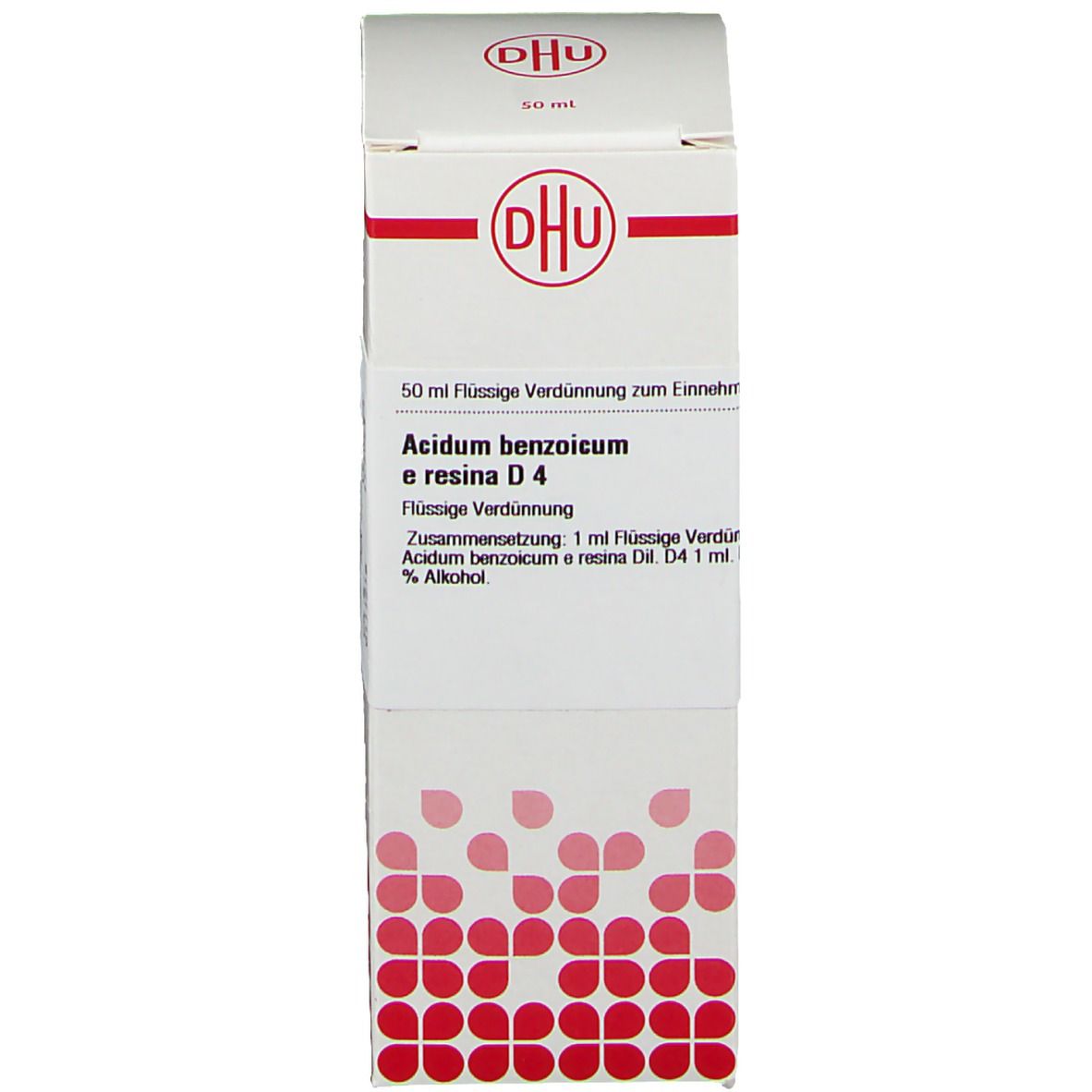 Verpackung von DHU Acidum Benzoicum e Resina D4. Produktinformationen und Logo. Weiße Verpackung mit rotem Muster.