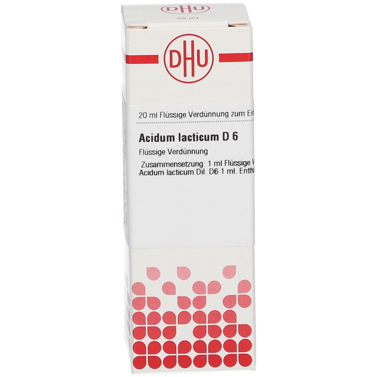 Weiße Schachtel mit rotem DHU-Logo. Aufschrift: Acidum Lacticum D6. Produktinformationen.
