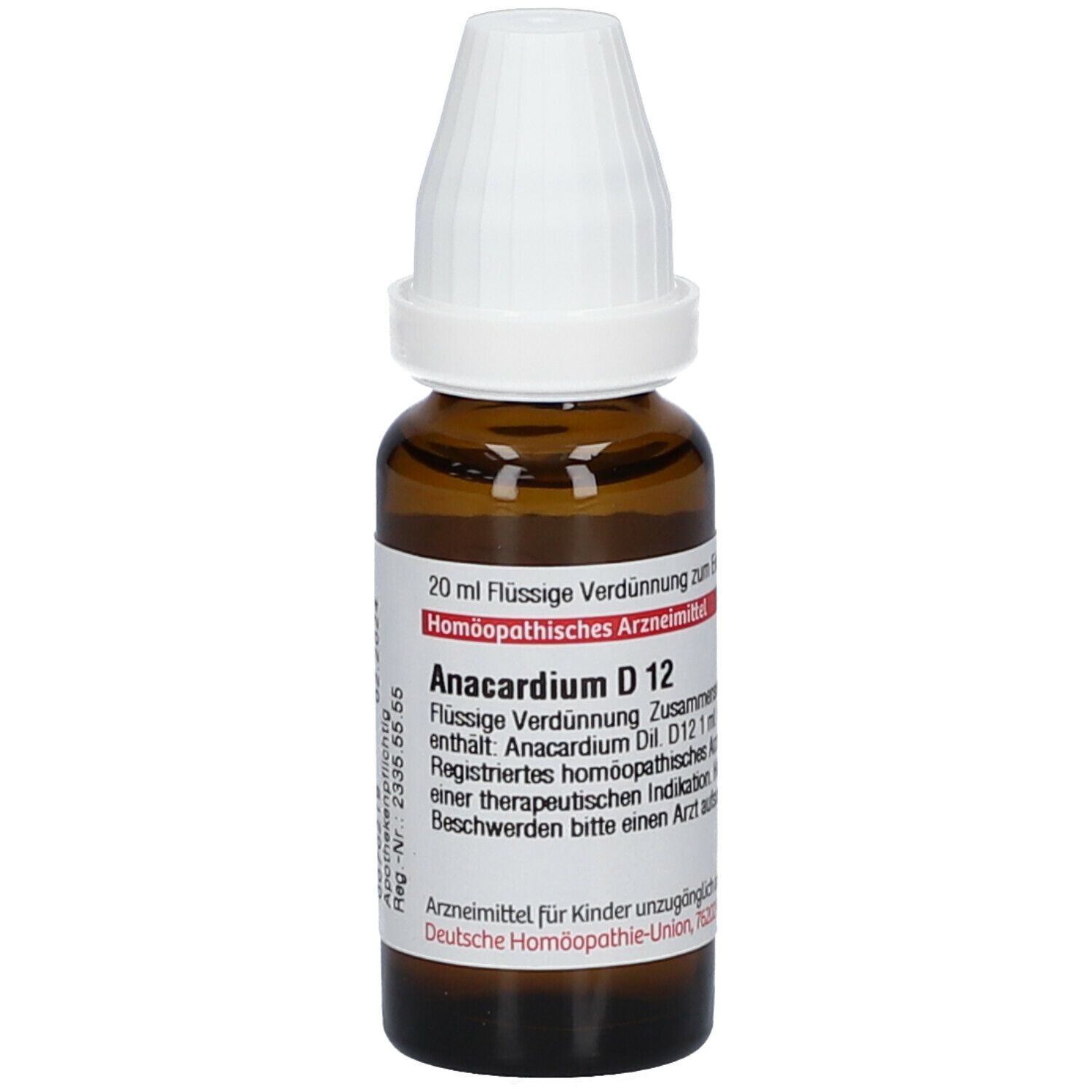 Braune Glasflasche mit weißem Verschluss. Etikett mit Produktinformationen: Anacardium D 12.