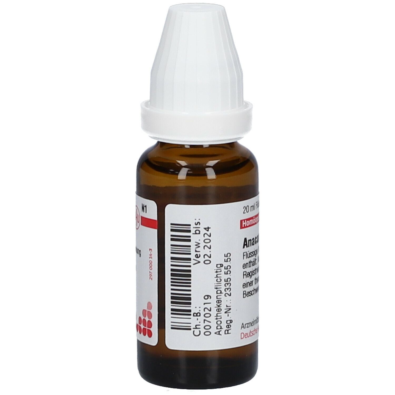 Braune Glasflasche mit weißem Verschluss. Etikett mit Produktinformationen und Verfallsdatum.