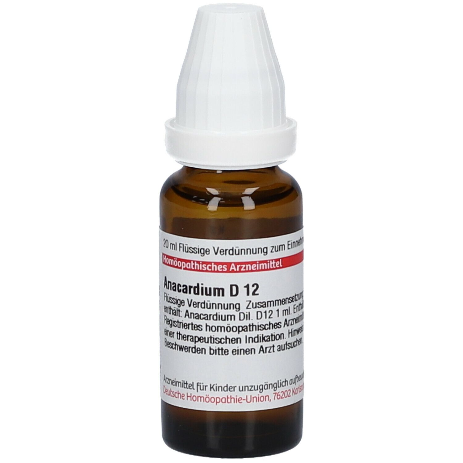 Braune Glasflasche mit weißem Verschluss. Etikett mit Produktinformationen: Anacardium D 12.
