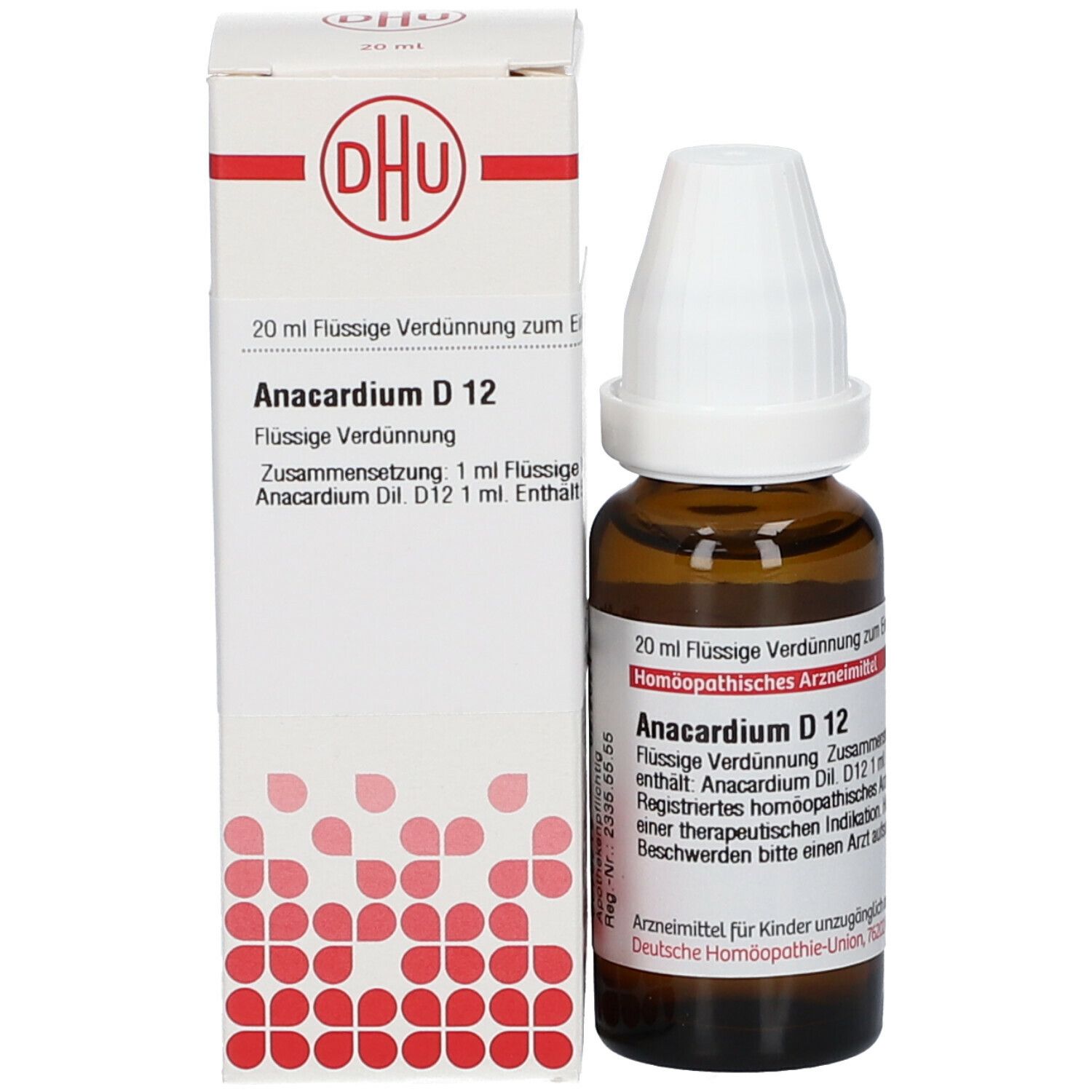 Braune Glasflasche mit weißem Verschluss neben einer weißen Verpackung. Anacardium D 12.