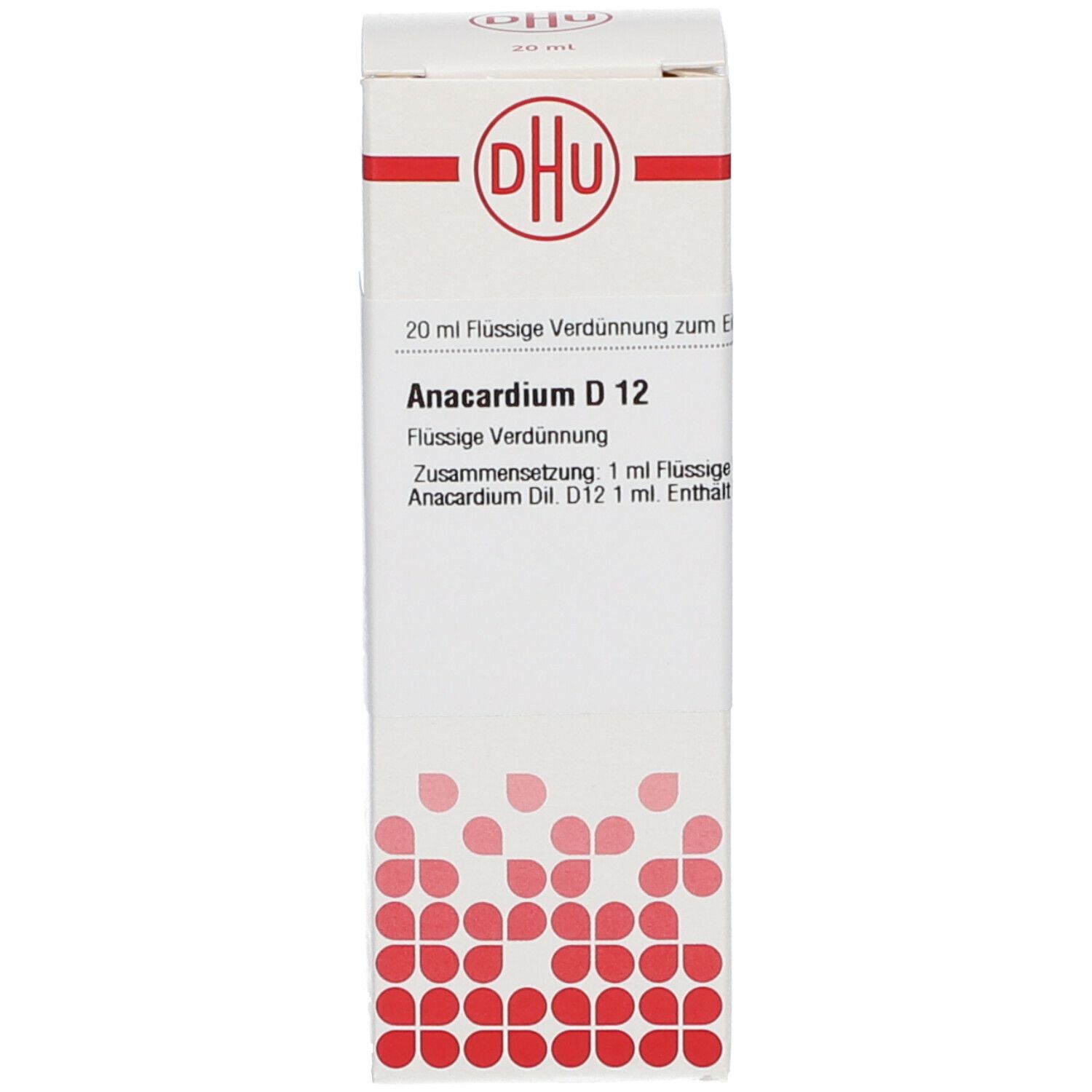 Weiße Verpackung mit DHU-Logo und Produktinformationen: Anacardium D 12.