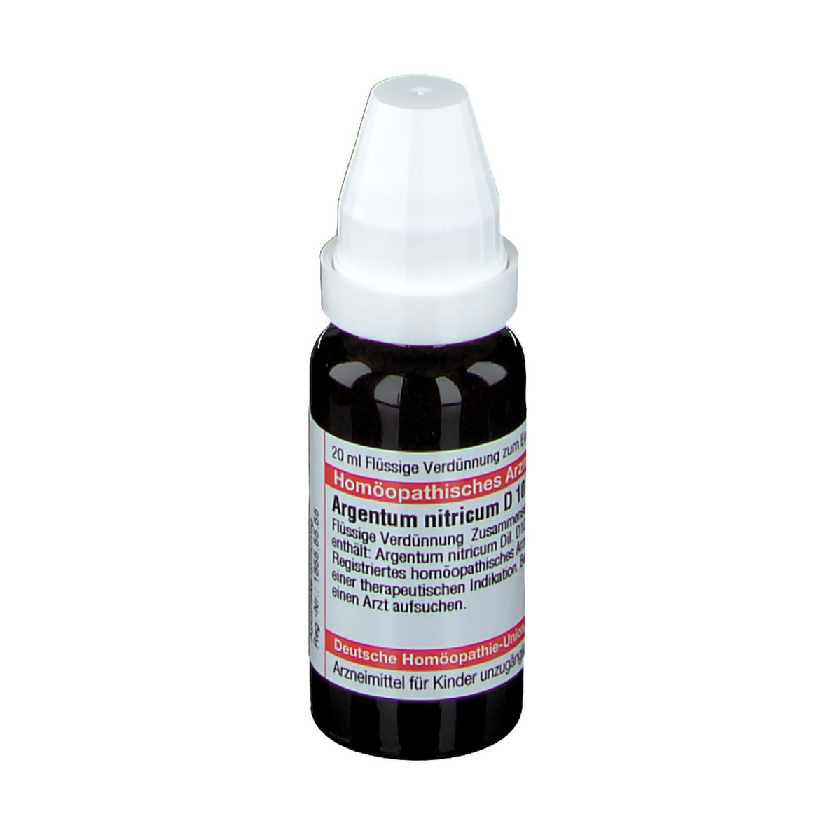 Braune Flüssigkeit in einer Tropfflasche mit weißem Verschluss. Beschriftung: Argentum nitricum D10, Deutsche Homöopathie-Union.