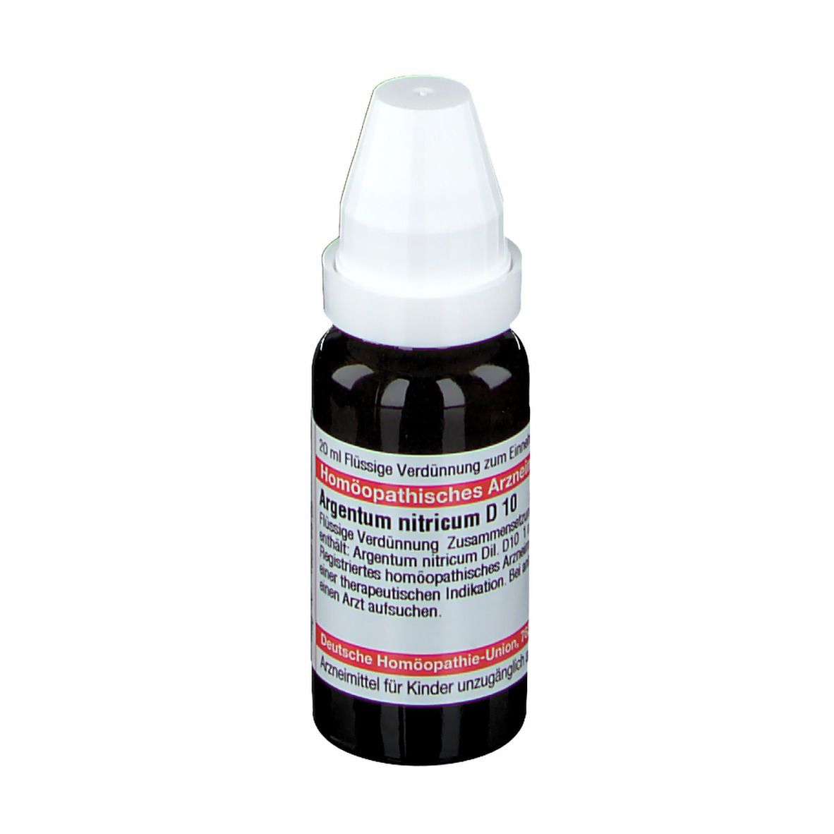 Braune Flüssigkeit in Tropfflasche mit weißem Verschluss. Beschriftung: Argentum nitricum D10, Deutsche Homöopathie-Union.
