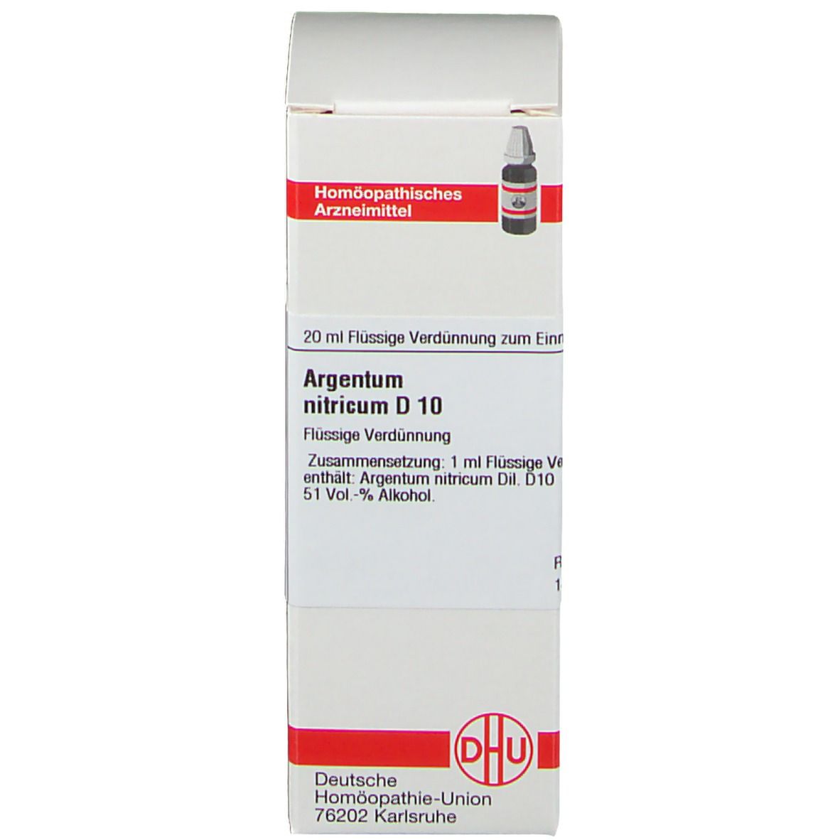 Weiße Faltschachtel mit Produktabbildung und Aufschrift: Argentum nitricum D10. DHU Logo.