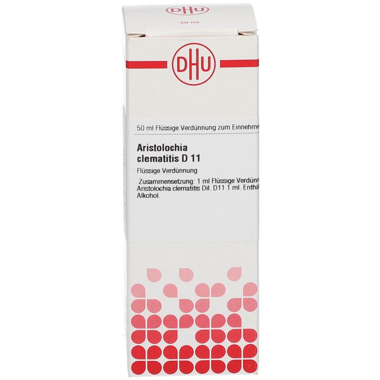 Verpackung mit Produktnamen und Informationen. DHU Aristolochia clematis D11. Weißer Karton mit rotem Logo.