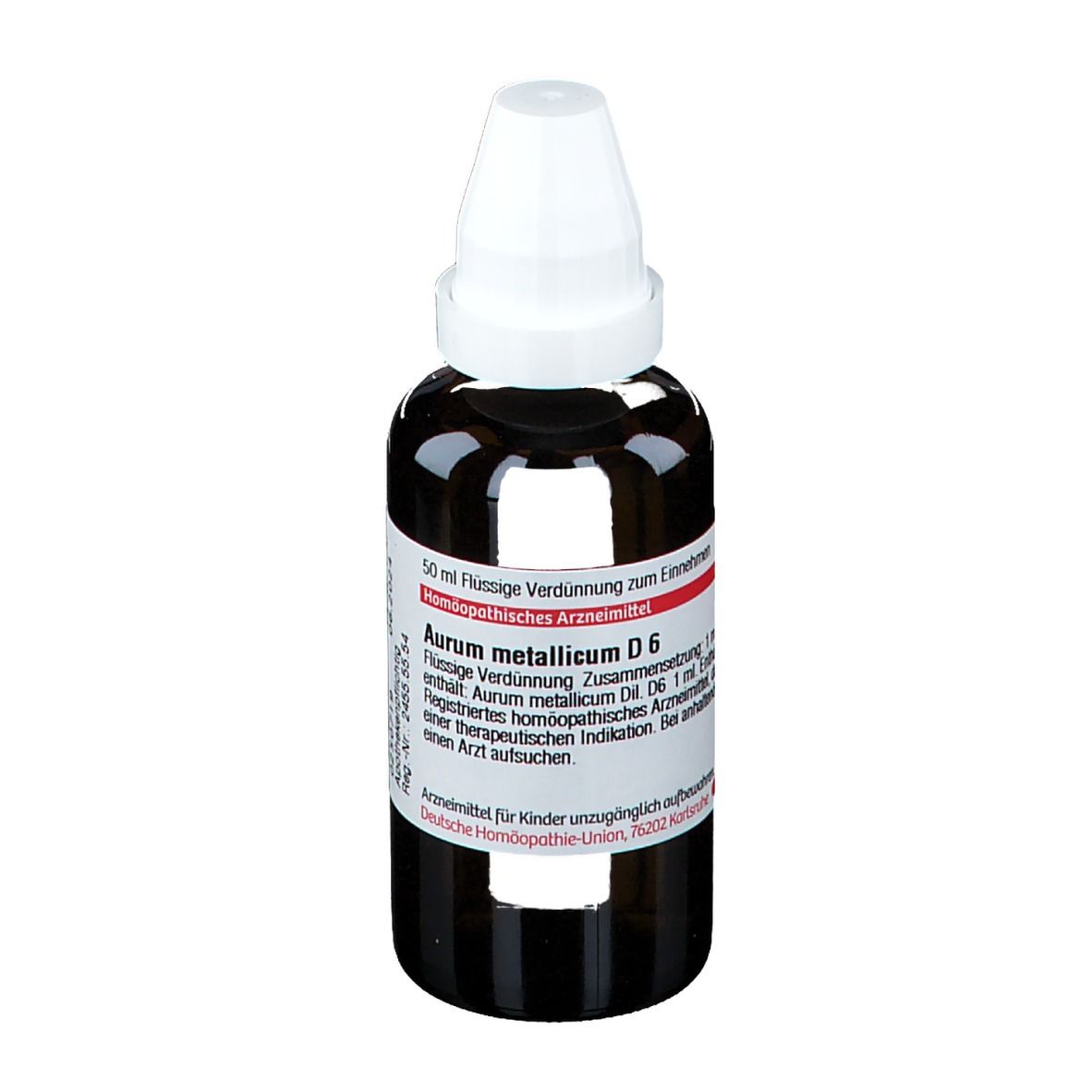 Braune Glasflasche mit weißem Verschluss. Etikett mit Text. Produktname: Aurum metallicum D6.