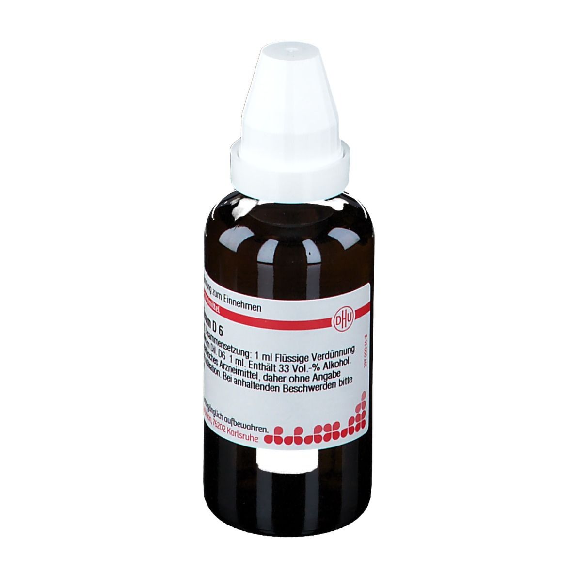 Braune Glasflasche mit weißem Verschluss. Etikett mit Text. Produktname: Aurum metallicum D6.