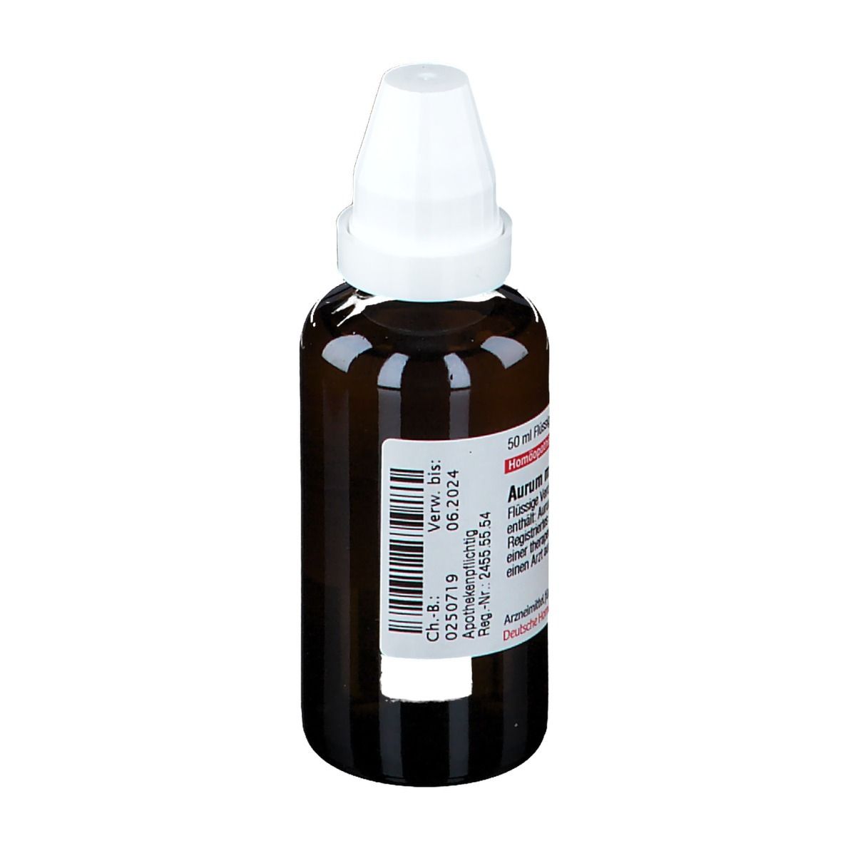 Braune Glasflasche mit weißem Verschluss. Etikett mit Text und Barcode. Produktname: Aurum metallicum D6.