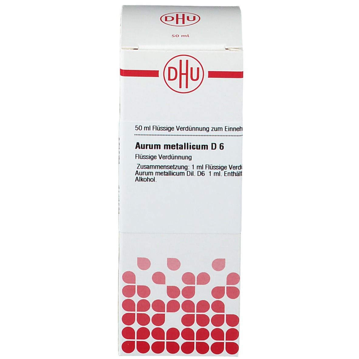 Weißer Karton mit DHU Logo. Produktname: Aurum metallicum D6.