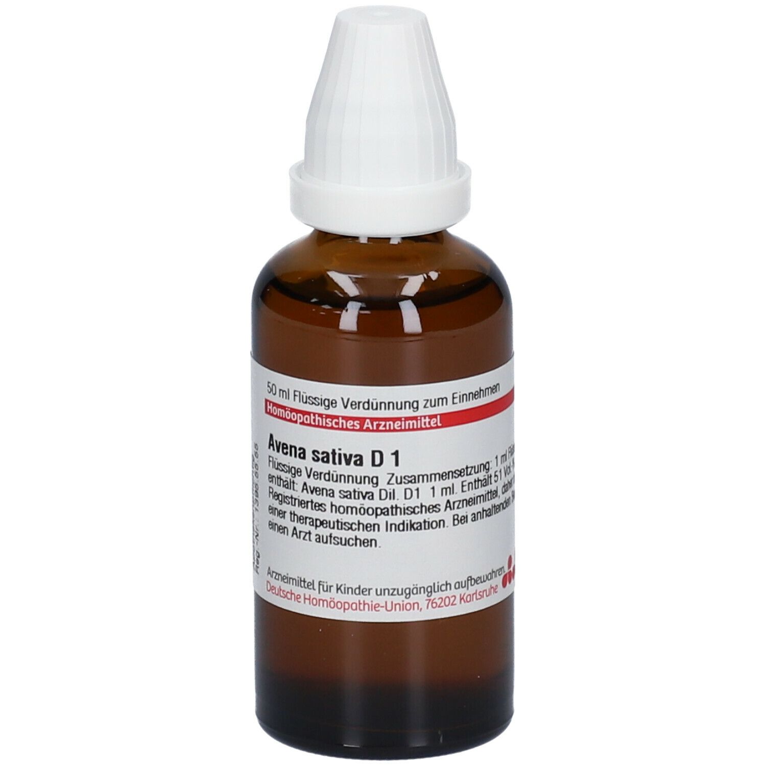 Braune Glasflasche mit weißem Verschluss. Etikett mit Produktinformationen: Avena sativa D1, 50 ml.