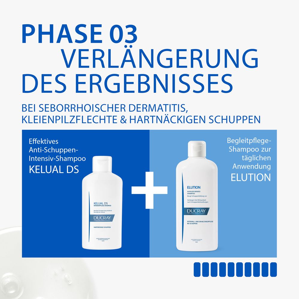 Zwei Flaschen KELUAL DS und ELUTION. Text: Phase 03 Verlängerung des Ergebnisses.