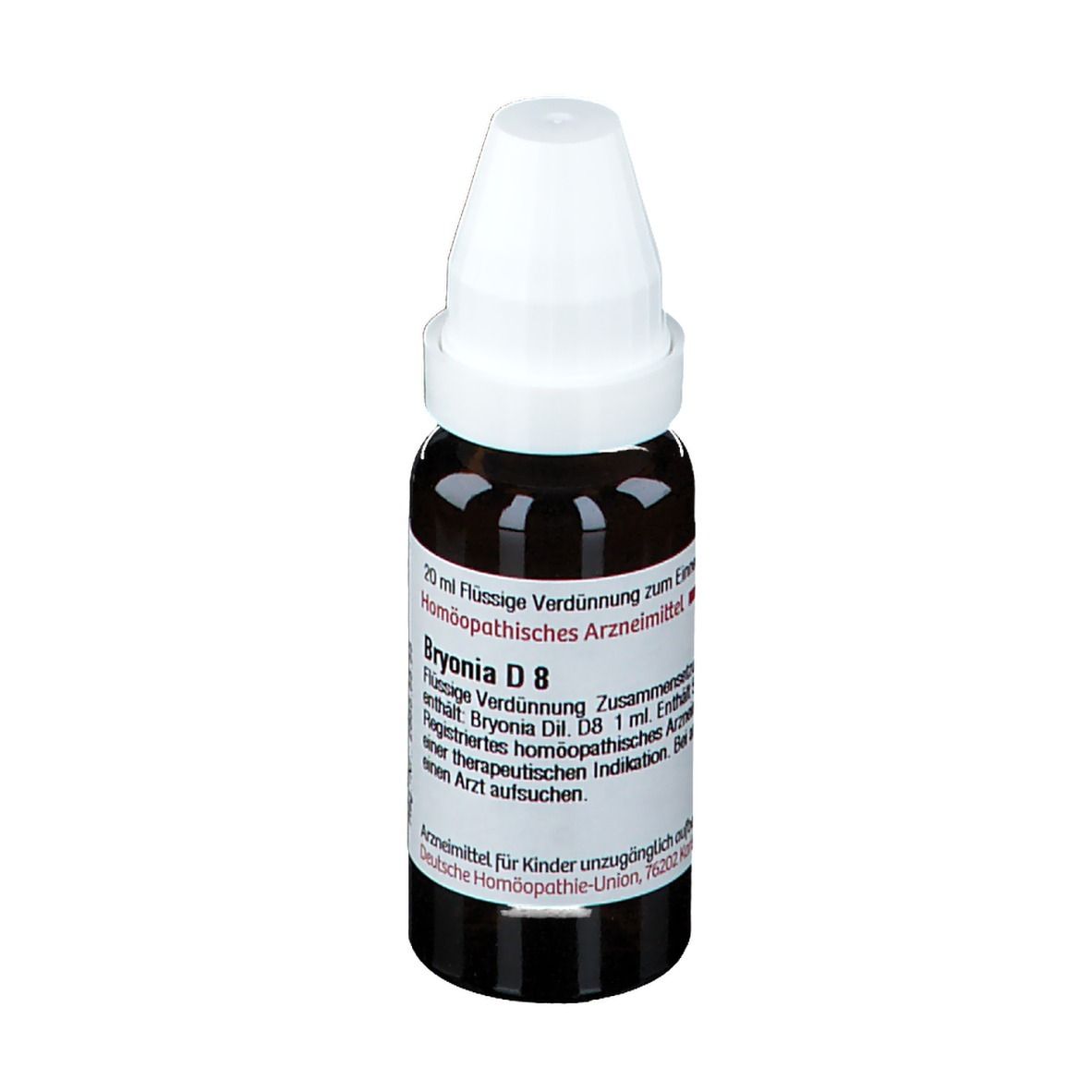 Braune Glasflasche mit weißem Verschluss. Beschriftung: Bryonia D 8, DHU. Arzneimittel.
