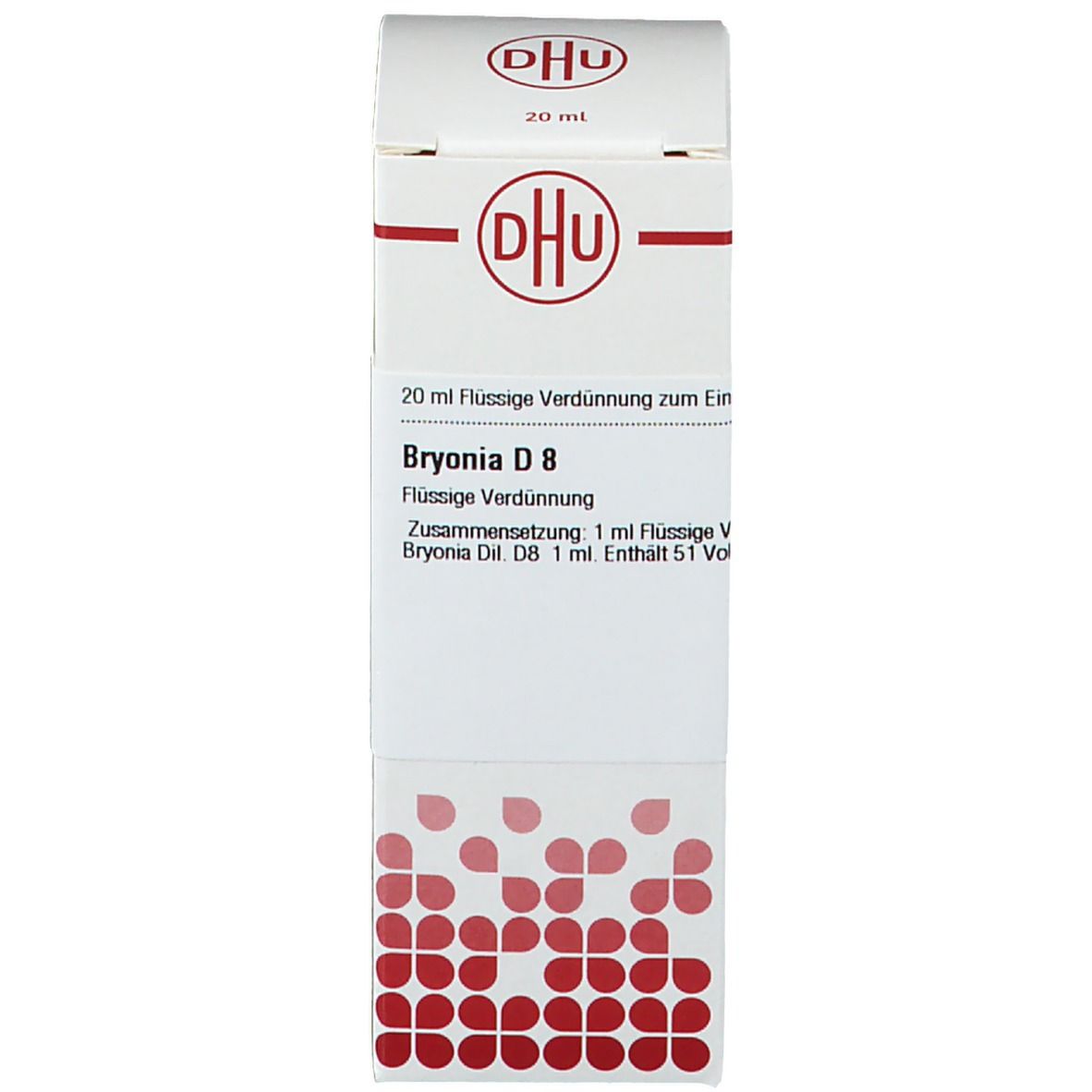 Weiße Verpackung mit Beschriftung: DHU, Bryonia D 8. Flasche und Inhalt.
