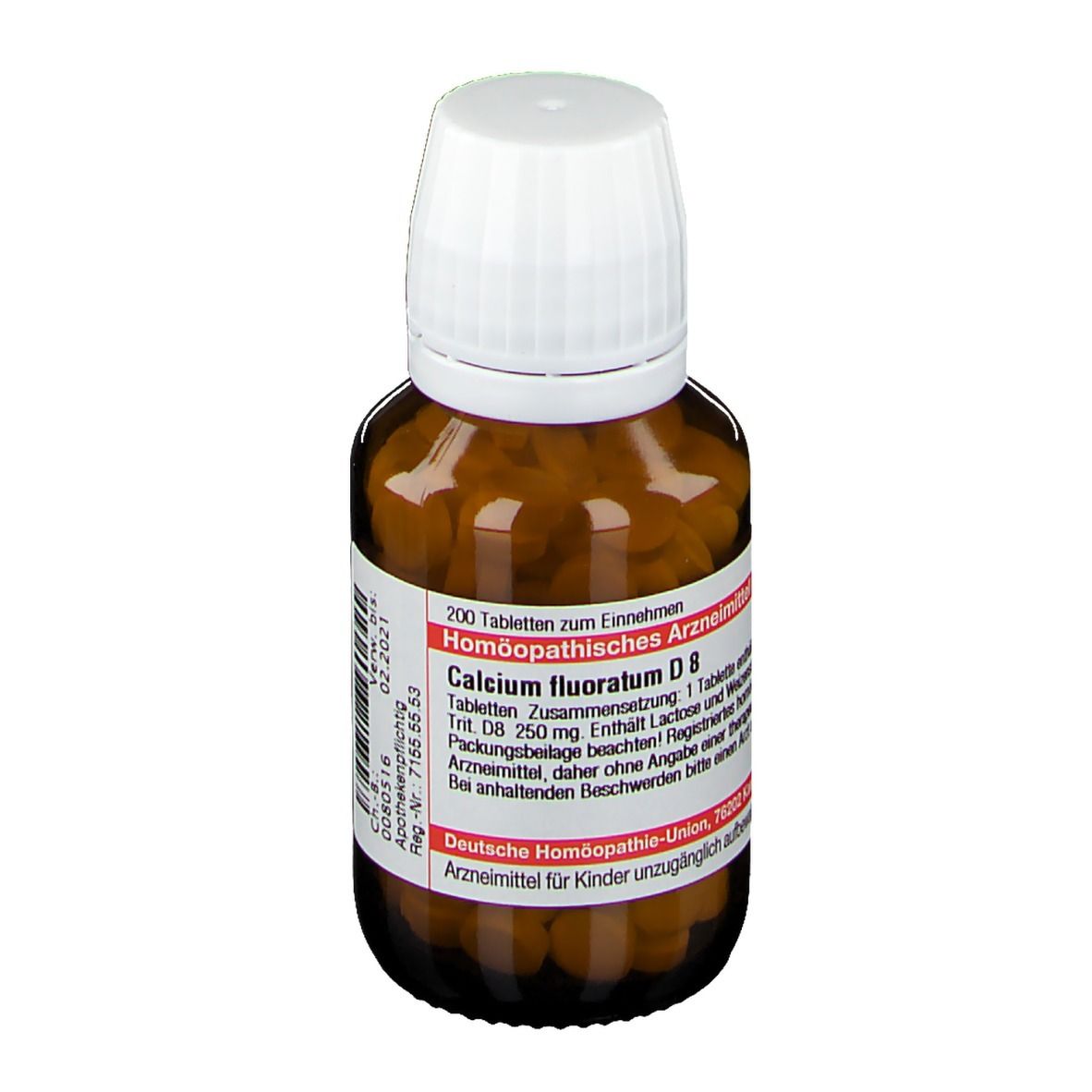 Braune Glasflasche mit weißen Tabletten und weißem Deckel. Etikett mit Produktinformationen. DHU Calcium fluoratum D8.