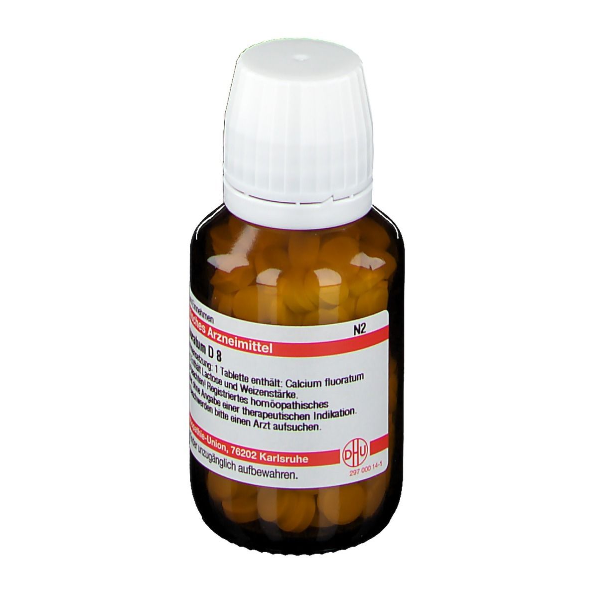 Braune Glasflasche mit weißen Tabletten und weißem Deckel. Etikett mit Produktinformationen. DHU Calcium fluoratum D8.