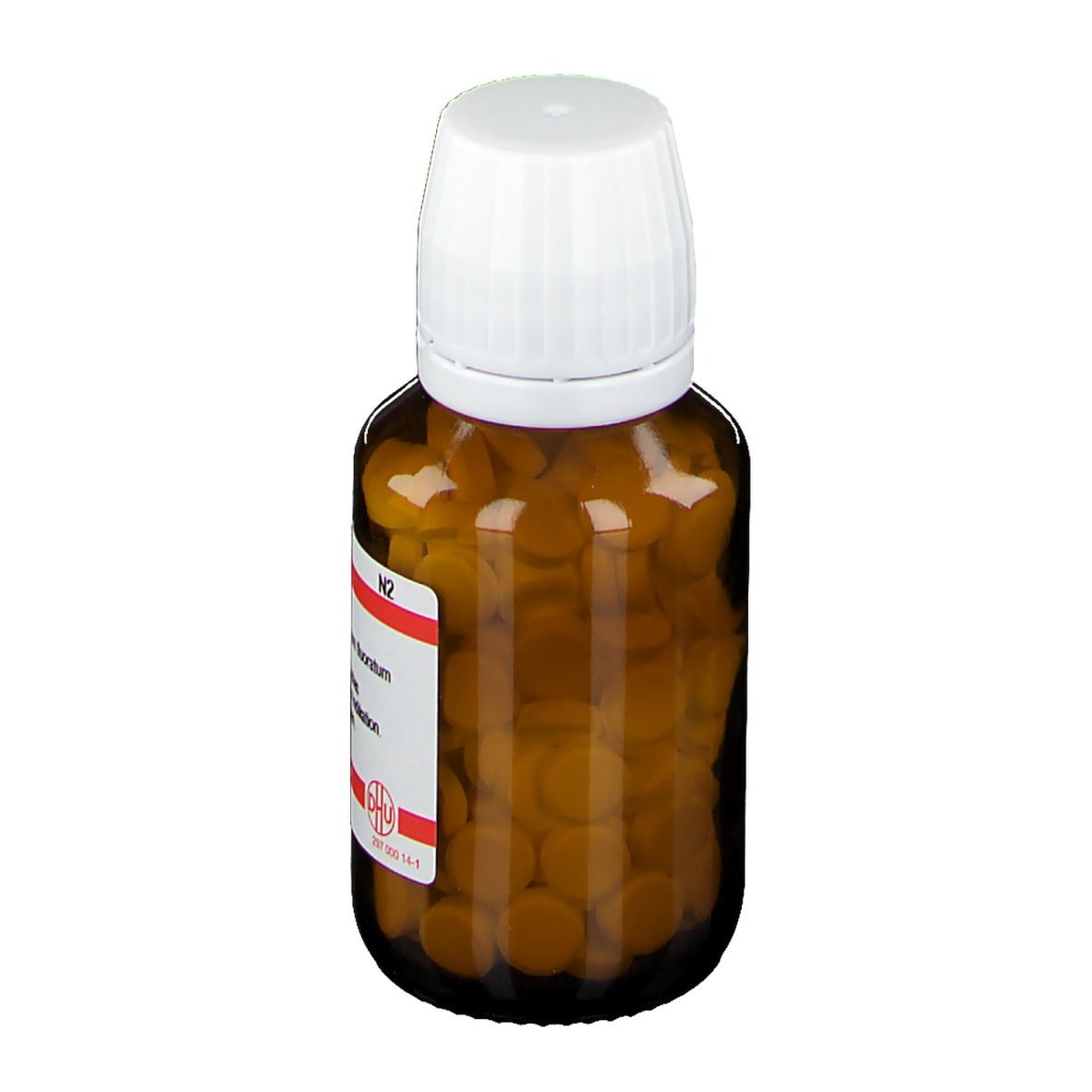 Braune Glasflasche mit weißen Tabletten und weißem Deckel. Etikett mit Produktinformationen. DHU Calcium fluoratum D8.