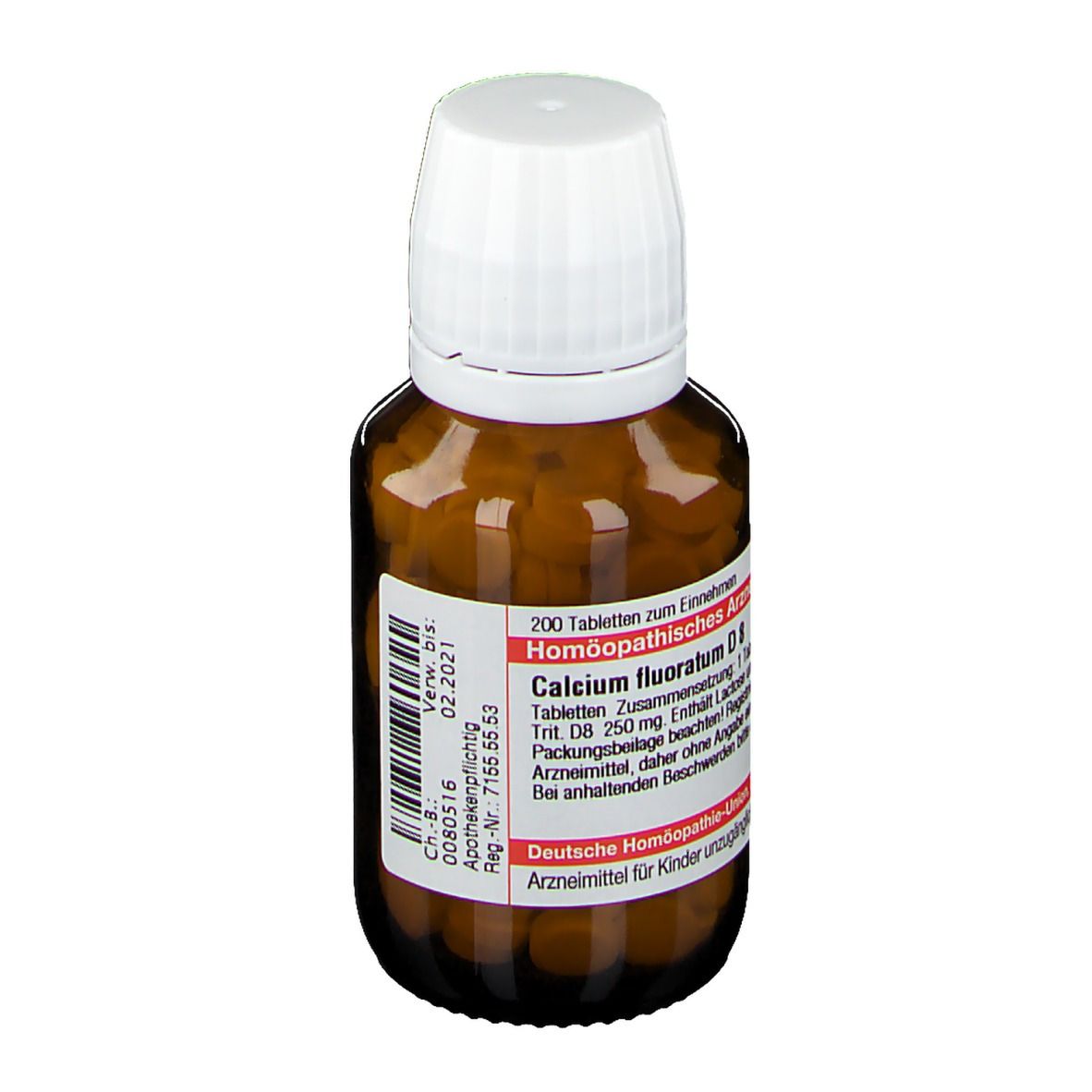 Braune Glasflasche mit weißen Tabletten und weißem Deckel. Etikett mit Produktinformationen. DHU Calcium fluoratum D8.