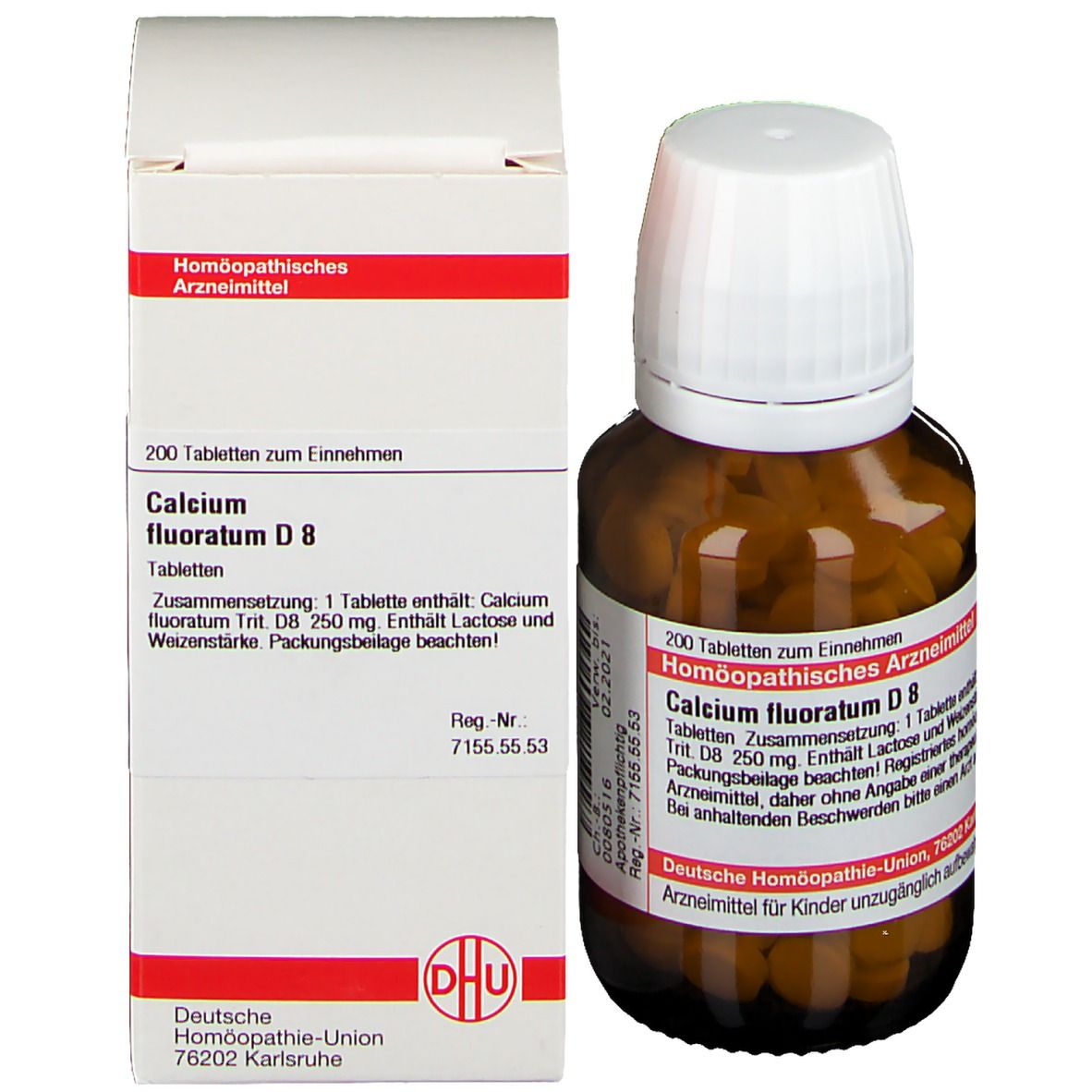 Braune Glasflasche mit weißen Tabletten und weißem Deckel, neben einer weißen Schachtel. DHU Calcium fluoratum D8.