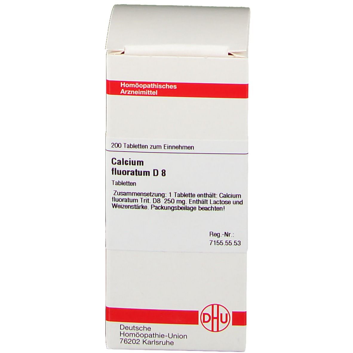 Weiße Schachtel mit Produktinformationen. DHU Calcium fluoratum D8. Aufschrift: 200 Tabletten zum Einnehmen.
