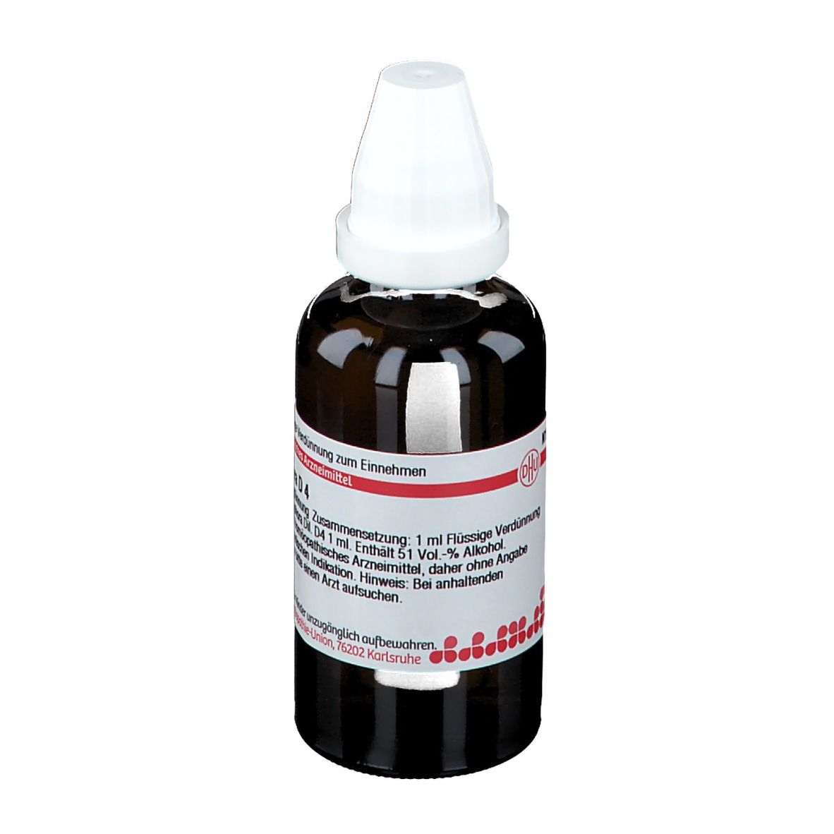 Braune Glasflasche mit weißem Verschluss. Etikett mit Produktinformationen. DHU Camphora D4.