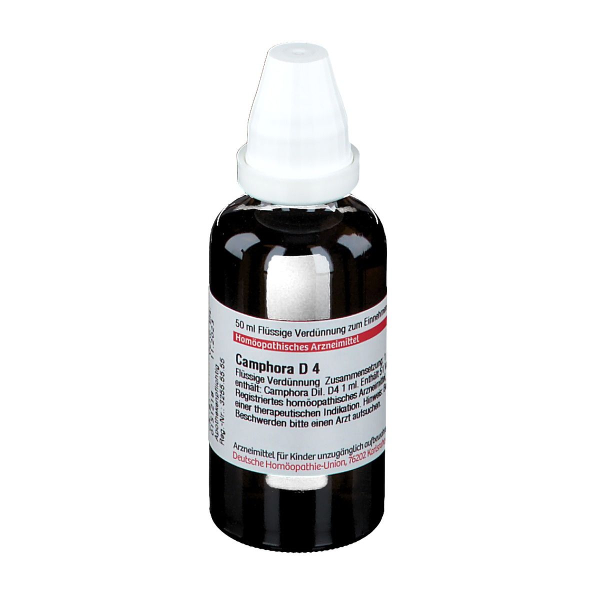 Braune Glasflasche mit weißem Verschluss. Etikett mit Produktinformationen. DHU Camphora D4.